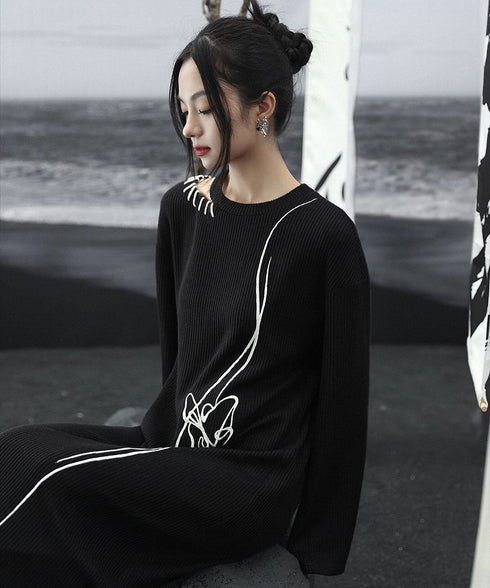 Line Art Embroidery Long Dress