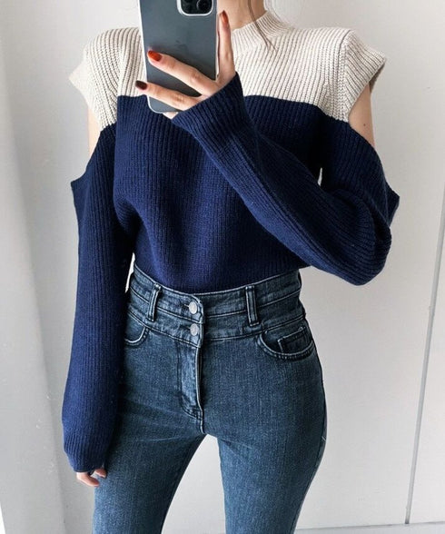 Two-Tone Shoulder Cutout Knit Top