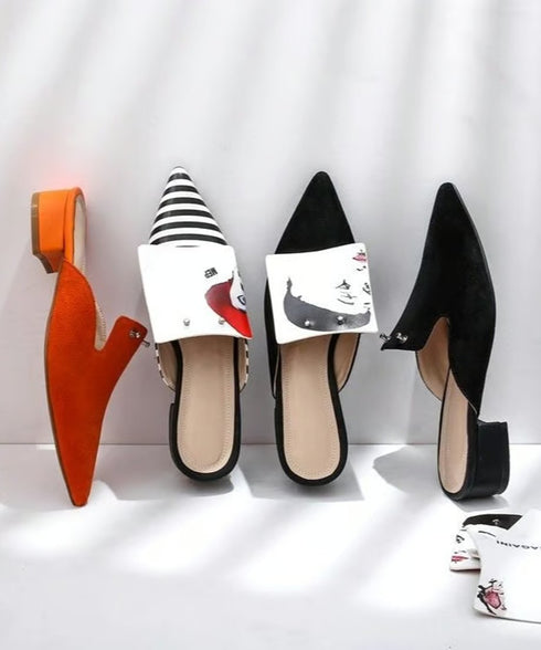 Striped Art Face Pointed Mules