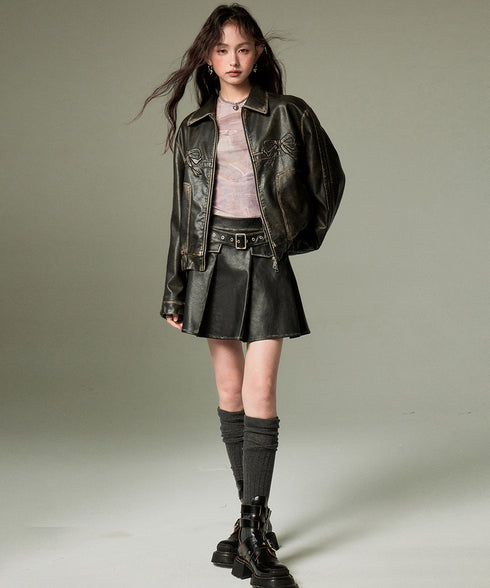 Box Pleat Faux Leather Skirt