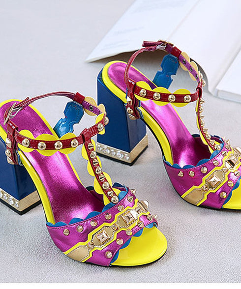 Flare Heel Studded Sandals