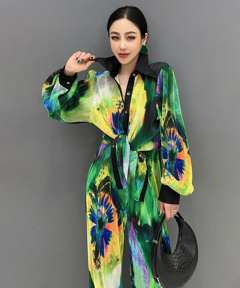 Pleated Blouse & Pants Co-ord