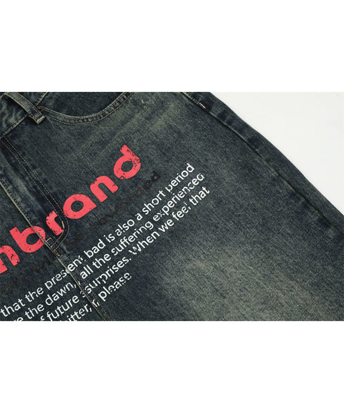 English Letter Print Denim Pants