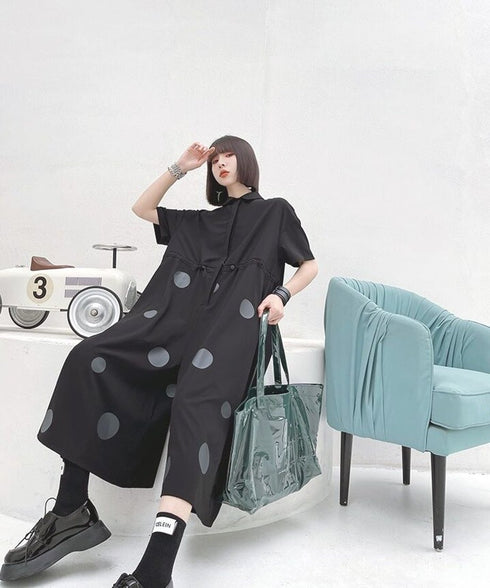 Polka Dot Drawstring Shirt Jumpsuit