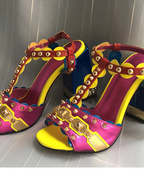 Flare Heel Studded Sandals
