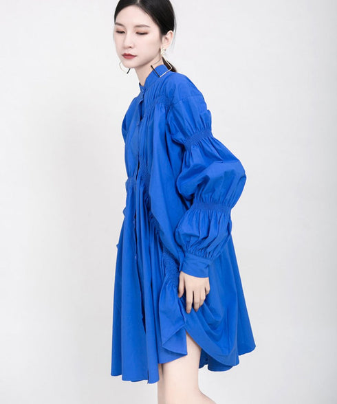 blue asymmetric pleated dress