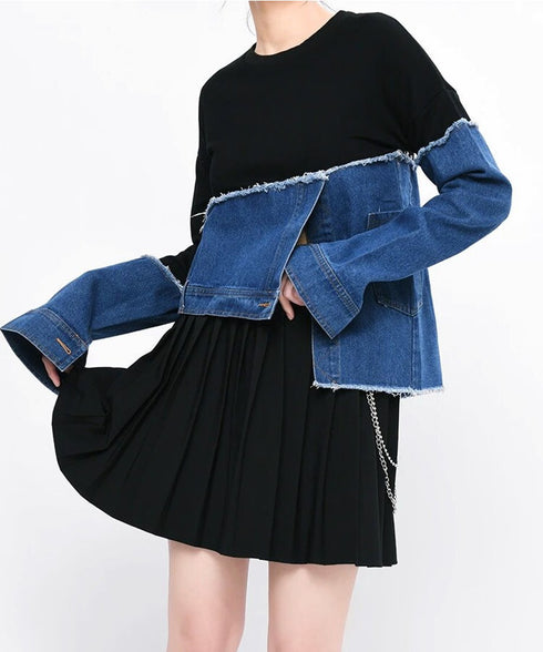 Denim Switching Sweatshirt