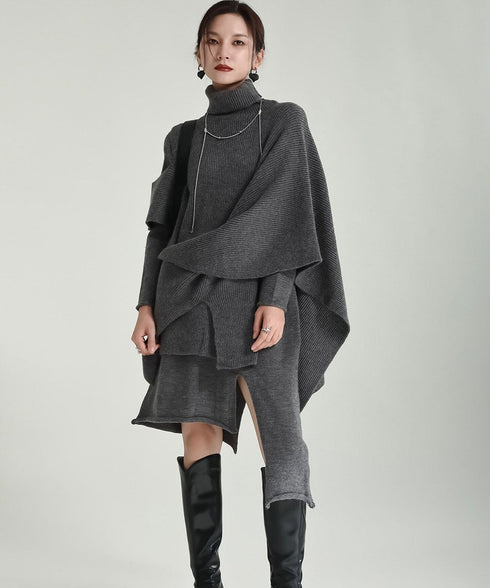 Slit Knit Dress & Poncho Co-ord