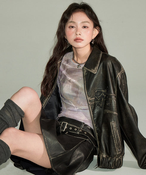 Ribbon Patchwork Faux Leather Jacket