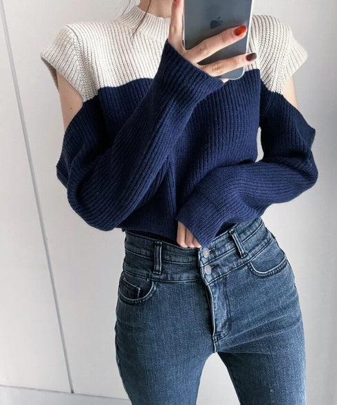 Two-Tone Shoulder Cutout Knit Top