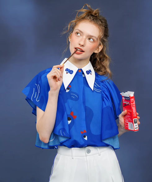 Blue Bird Ruffle Sleeve Blouse