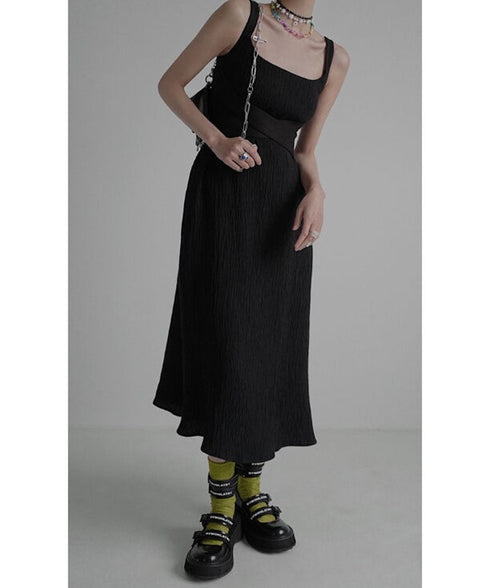 Crinkled Square Neck Long Dress