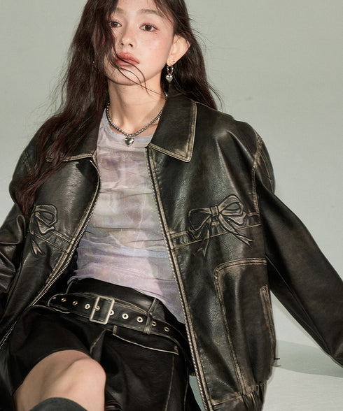 Ribbon Patchwork Faux Leather Jacket
