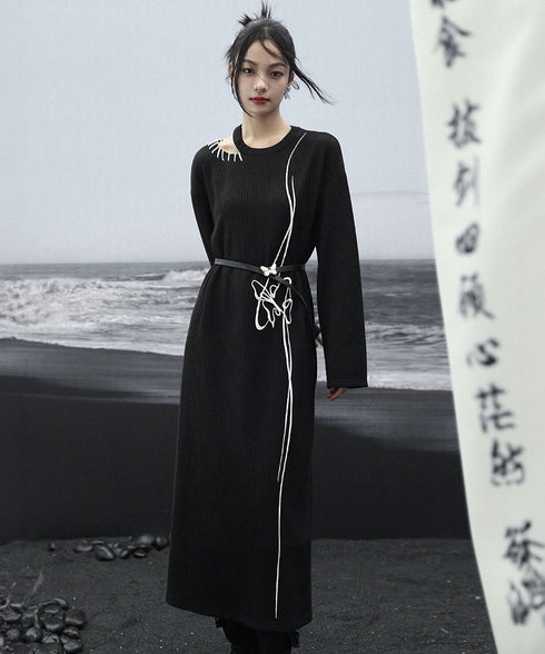 Line Art Embroidery Long Dress