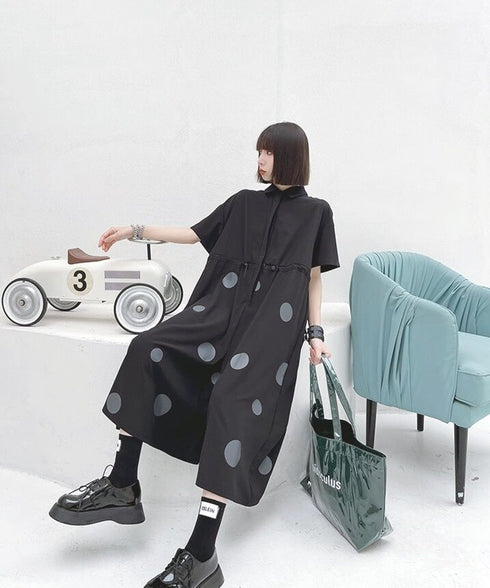 Polka Dot Drawstring Shirt Jumpsuit