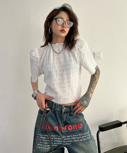 Puff Sleeve Ripple-fabric Top