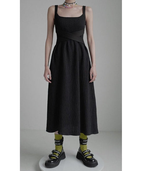 Crinkled Square Neck Long Dress