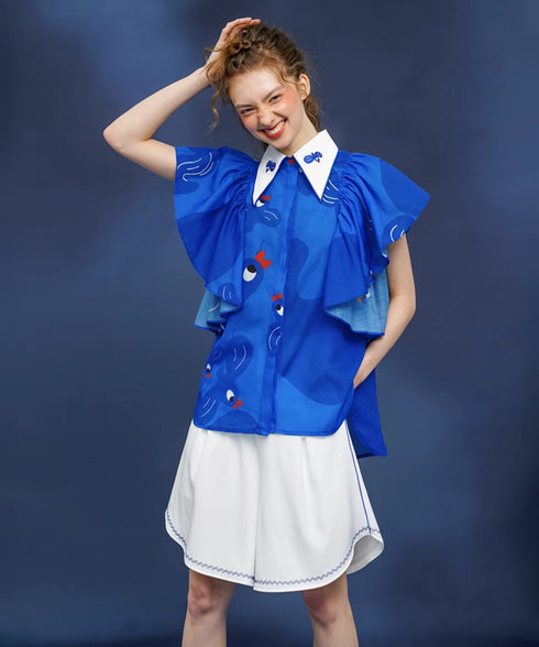 Blue Bird Ruffle Sleeve Blouse