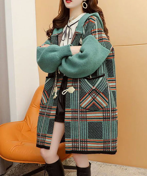 Plaid Patchwork Knit Hooded Jacket