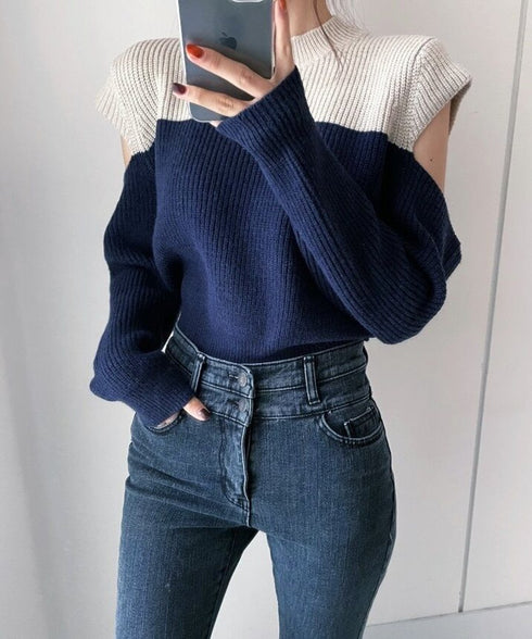 Two-Tone Shoulder Cutout Knit Top