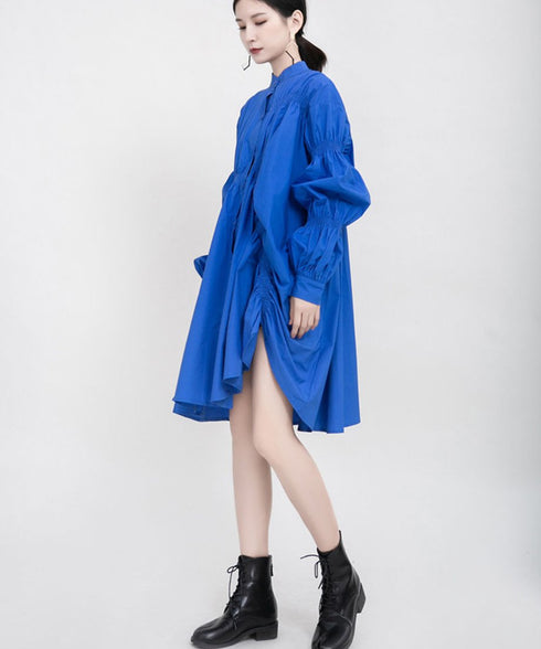 blue asymmetric pleated dress