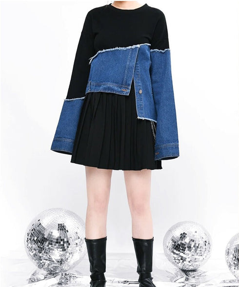 Denim Switching Sweatshirt