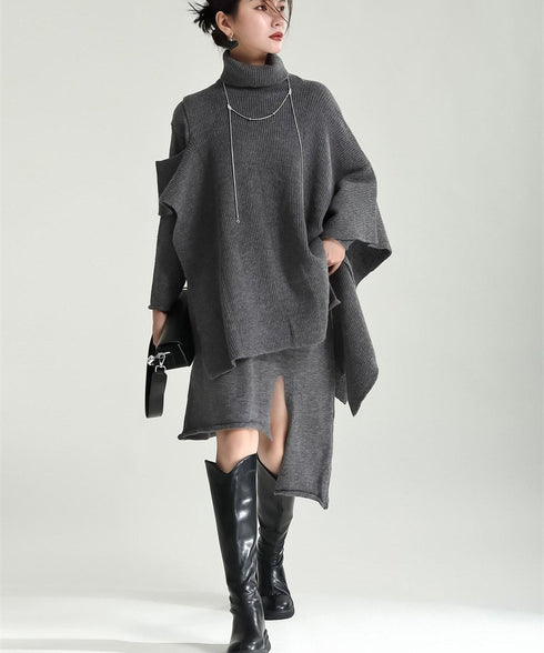 Slit Knit Dress & Poncho Co-ord