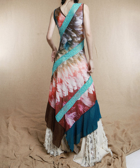 Feather Print Blocking Dress