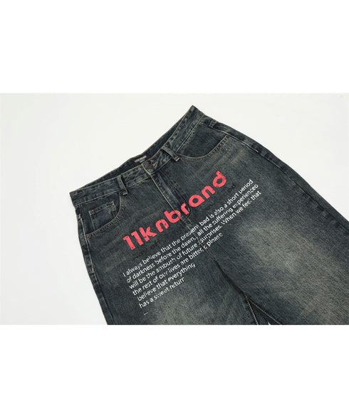 English Letter Print Denim Pants