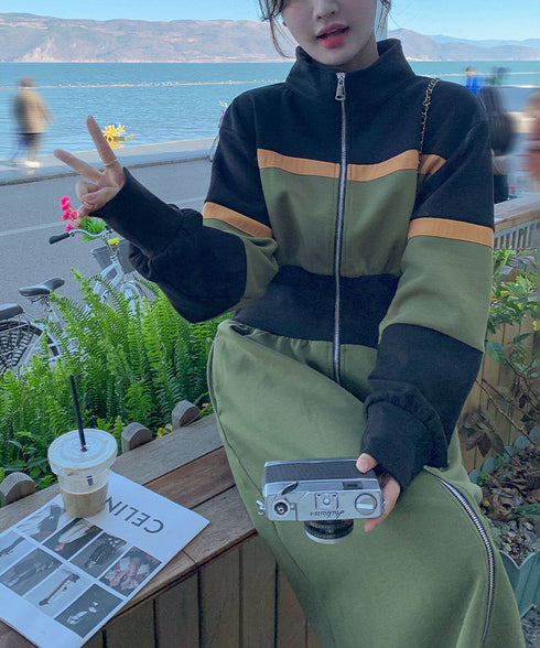 Color Block Zip-Up Long Dress