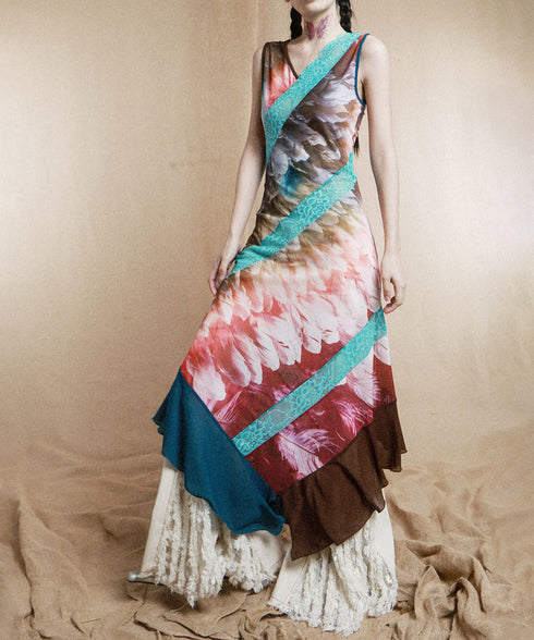 Feather Print Blocking Dress