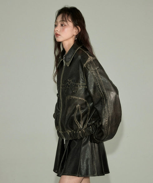 Ribbon Patchwork Faux Leather Jacket