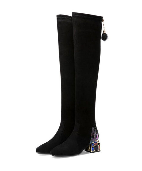 Jewel Heel Metallic Knee Boots