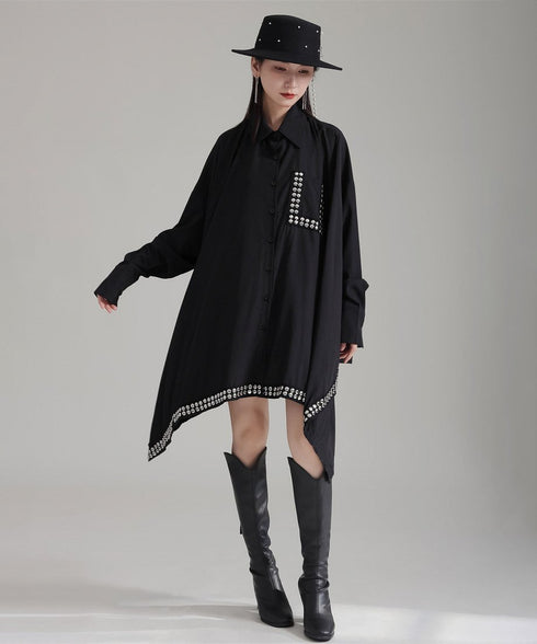 Studded Asymmetric Hem Shirt Dress