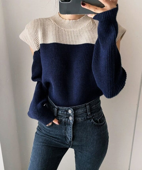 Two-Tone Shoulder Cutout Knit Top