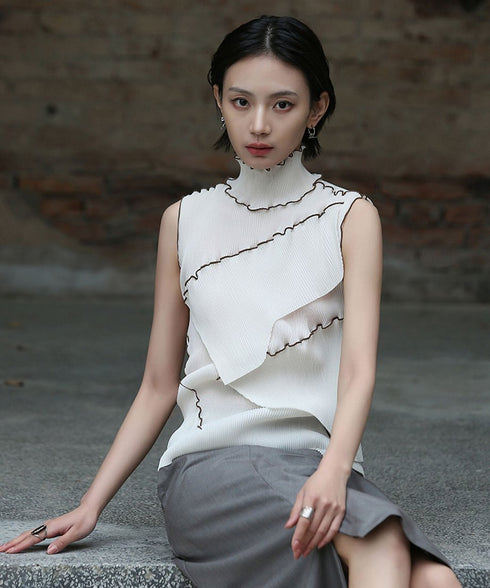 Stand Collar Pleated Top