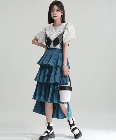 Tiered Pleated Midi Skirt