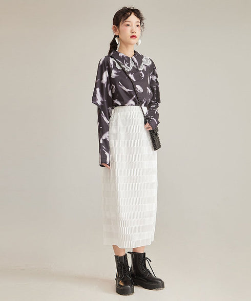 Feather Print Lace Collar Blouse