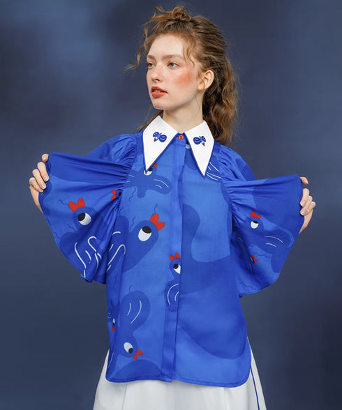 Blue Bird Ruffle Sleeve Blouse