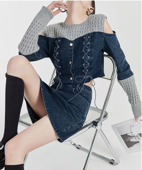 Open Shoulder Denim Top