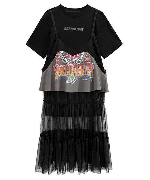Loose T-shirts & Mesh Dress Co-ord