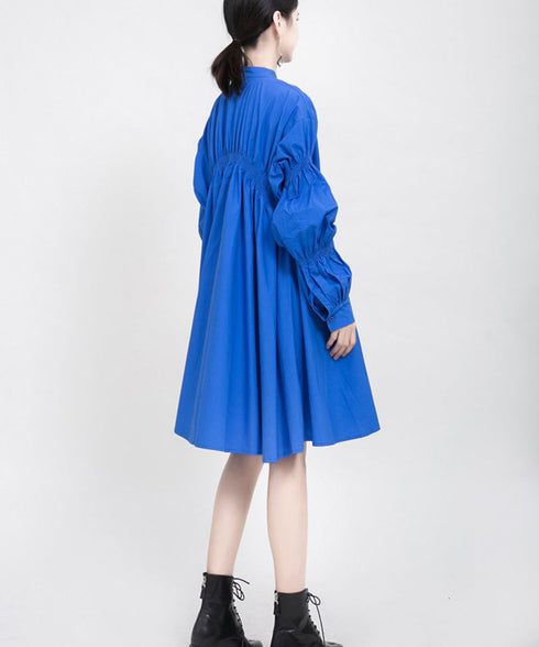 blue asymmetric pleated dress