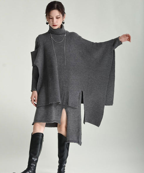Slit Knit Dress & Poncho Co-ord
