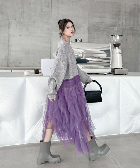 Ruffle Tulle Long Cardigan