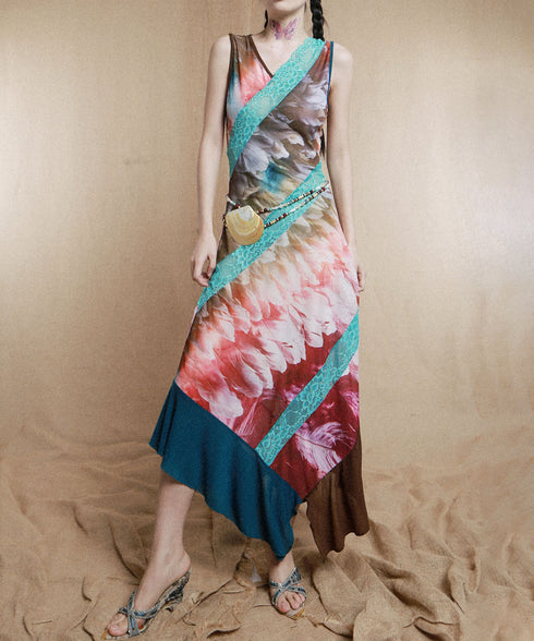 Feather Print Blocking Dress