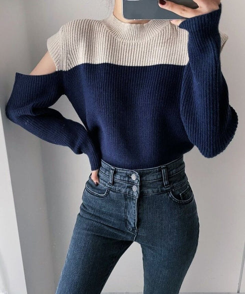 Two-Tone Shoulder Cutout Knit Top