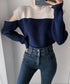 Two-Tone Shoulder Cutout Knit Top