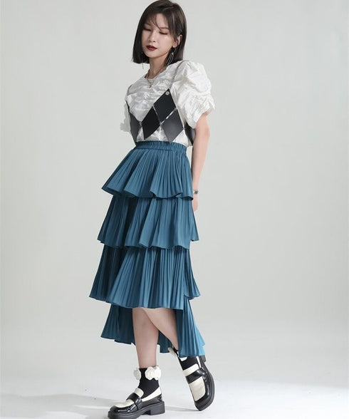 Tiered Pleated Midi Skirt