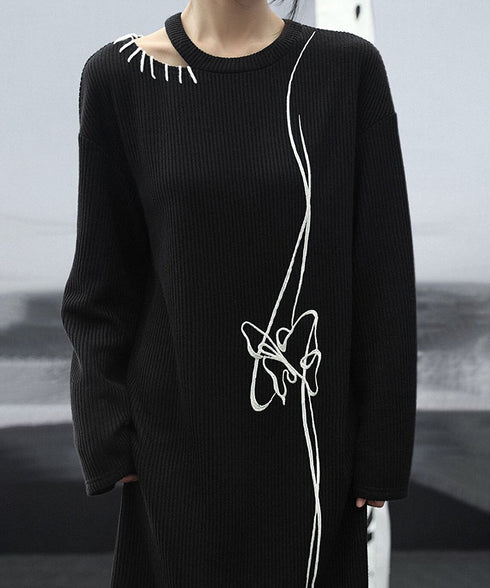 Line Art Embroidery Long Dress