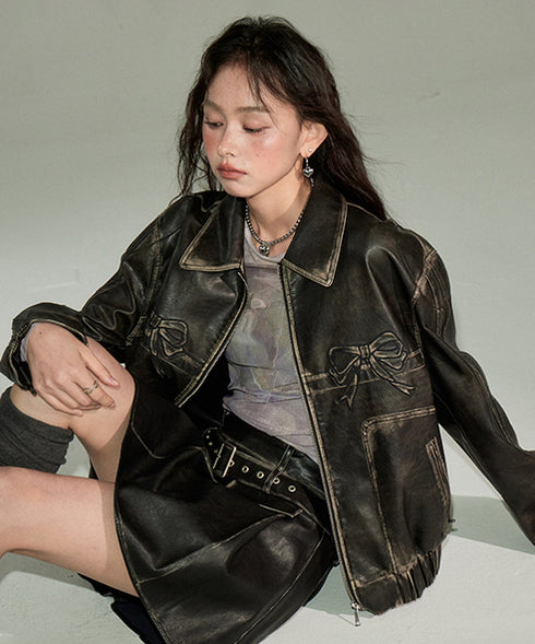 Ribbon Patchwork Faux Leather Jacket